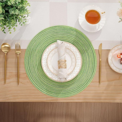 SHACOS Round Placemats Set of 6 for Dining Tables 15 inch Cotton Braided Placemats Washable Reversible for Kitchen Holiday Party (Mixed Color Pea Green, 6)