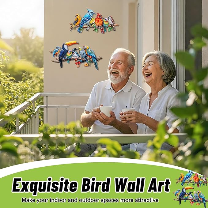2Pcs Metal Bird Outdoor Wall Art Decor, Hummingbird Wall Silhouette Art, Bird on Branch Wall Sculpture Hanging Indoor Outdoor for Yard Garden and Patio (Birds D)