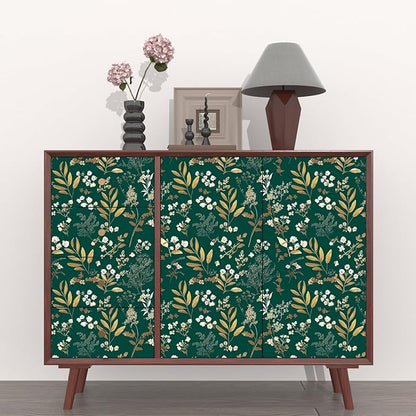 Dark Green Floral Wallpaper Peel and Stick Green Golden Leaf Wallpaper Vintage Floral Contact Paper Waterproof Self Adhesive Boho Delicate Wall Paper for Cabinet Rooms Desk Locker 17.5in x32.8ft