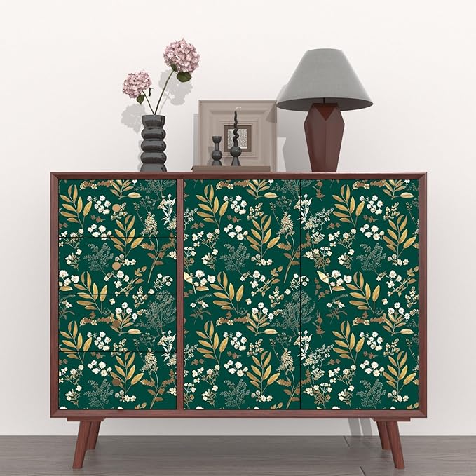 Dark Green Floral Wallpaper Peel and Stick Green Golden Leaf Wallpaper Vintage Floral Contact Paper Waterproof Self Adhesive Boho Delicate Wall Paper for Cabinet Rooms Walls Locker 17.5" x 118"