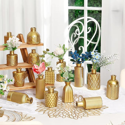 Yaomiao 30 Pcs Vases Bulk Colored Flower Glass Christmas Vases Bud Vintage Colored Glass Bottles Colorful Rustic Embossed for Home Wedding Table Decorations Gifts(Gold Series)