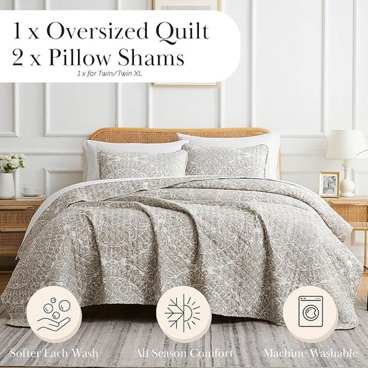 Southshore Fine Living, Inc. Quilt Comforter, Twin XL Dorm Bedding Set, Stain Resistant, Machine Washable Boho Bed Spread, Twin XL Quilt Bedspread Set w/Pillow Sham, Ashanti Bone