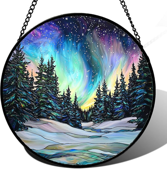 DASTOLL Stained Glass Window Hanging, Aurora Landscape Sun Catchers Glass Panel Green Trees Suncatcher Decor for Birthday for Women, Men, Wife, Aunt, and Mom 14.9x14.9 in