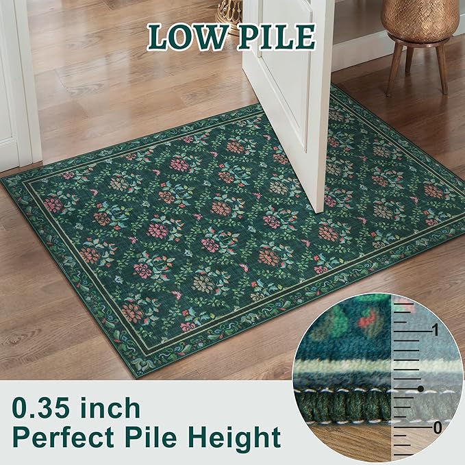 Tangsoo 5x7 Washable Area Rug, Non Slip Green Floral Indoor Rug, Soft Low Pile Floor Carpet for Living Room, Bedroom, Dining Room, Pet & Child Friendly Room Decor, Easy to Clean