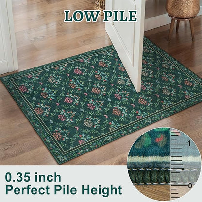 Tangsoo 5x7 Washable Area Rug, Non Slip Green Floral Indoor Rug, Soft Low Pile Floor Carpet for Living Room, Bedroom, Dining Room, Pet & Child Friendly Room Decor, Easy to Clean