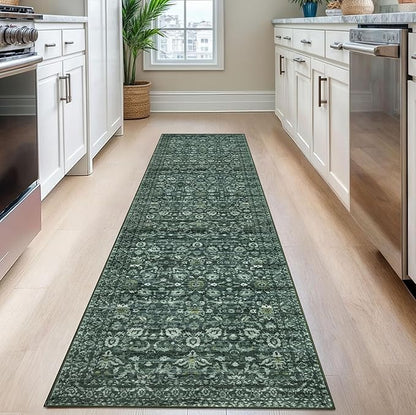 Hallway Runner Rug, Dark Green Washable Runner Rug 2x8 Vintage Floral Kitchen Rug Runner Non Slip Boho Thin Printed Faux Wool Super Soft Carpet for Entryway Bedroom Laundry Room Indoor