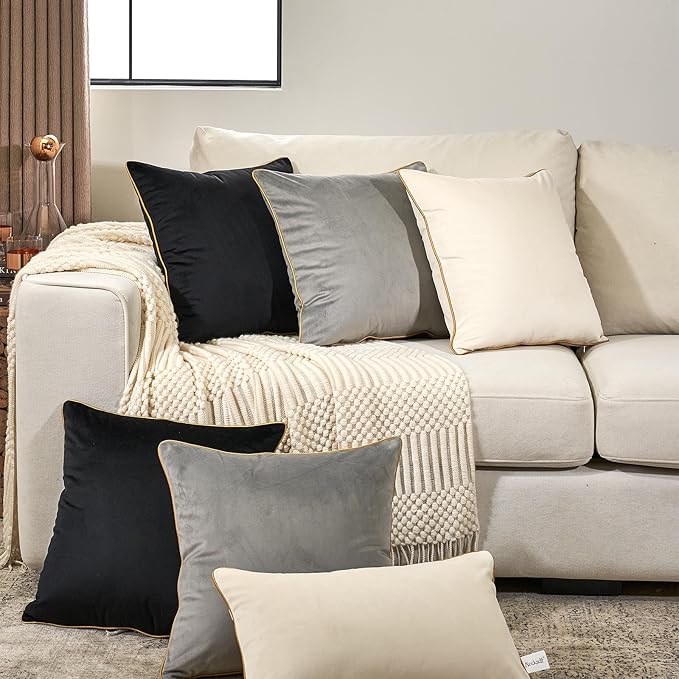 Aeckself Pack of 2 Gray Velvet Pillow Covers 20 x 20 Inch, Modern Luxury Decorative Pillowcase with Gold Trim Edge, Comfortable Soft Solid Cushion Case for Couch Bedroom Living Room