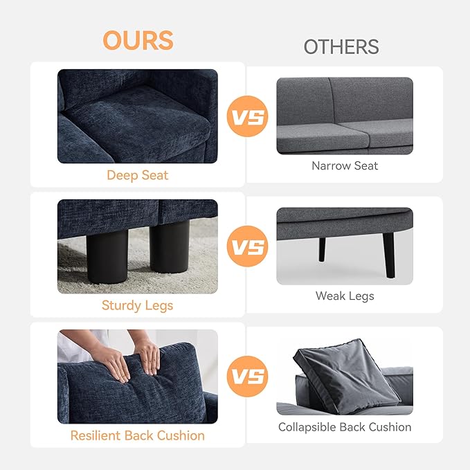 58'' Modular Sectional Loveseat Sofa, Modern Love Seat 2 Seater Sofa Couch with Storage, Chenille Modular Sectional Couch for Living Room, Bedroom, Office, Small Apartment, Navy