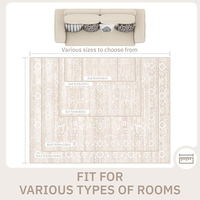 8x10 Area Rugs for Living Room, Stain Resistant Washable Rug for Dining Room, Bedroom, Floral Vintage Non-Slip Thin Carpet Beige