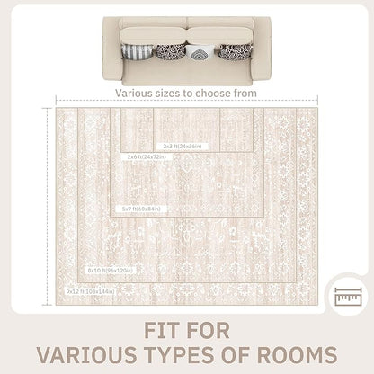 9x12 Area Rug for Living Room, Stain Resistant Neutral Washable Rugs for Dining Room, Bedroom, Floral Vintage Non-Slip Extra Large Beige Rug