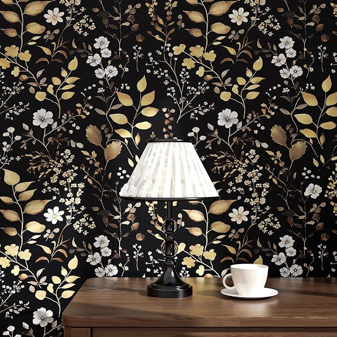 Boho Wallpaper Peel and Stick Dark Floral Wallpaper 17.5in x118in Vintage Leaf Contact Paper Vinyl Waterproof Self Adhesive Golden Leaf Botanical Wall Paper for Cabinet Table Drawer Decor