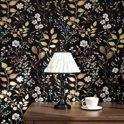 Boho Wallpaper Peel and Stick Dark Floral Wallpaper 17.5in x118in Vintage Leaf Contact Paper Vinyl Waterproof Self Adhesive Golden Leaf Botanical Wall Paper for Cabinet Table Drawer Decor