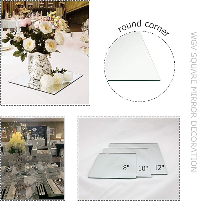 WGVI WGV Square Mirror Plate Sets Bulk 14" Width, 4.5 mm Thickness, Frameless Sanded Edges, Quality Thick Candle Tray, Home Event Party Wedding Table Centerpiece Wall Decor, 12 Pieces