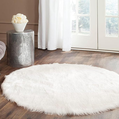 SAFAVIEH Faux Sheep Skin Collection 4' Round Ivory FSS235A Silken Glam 2.35-inch Thick Area Rug