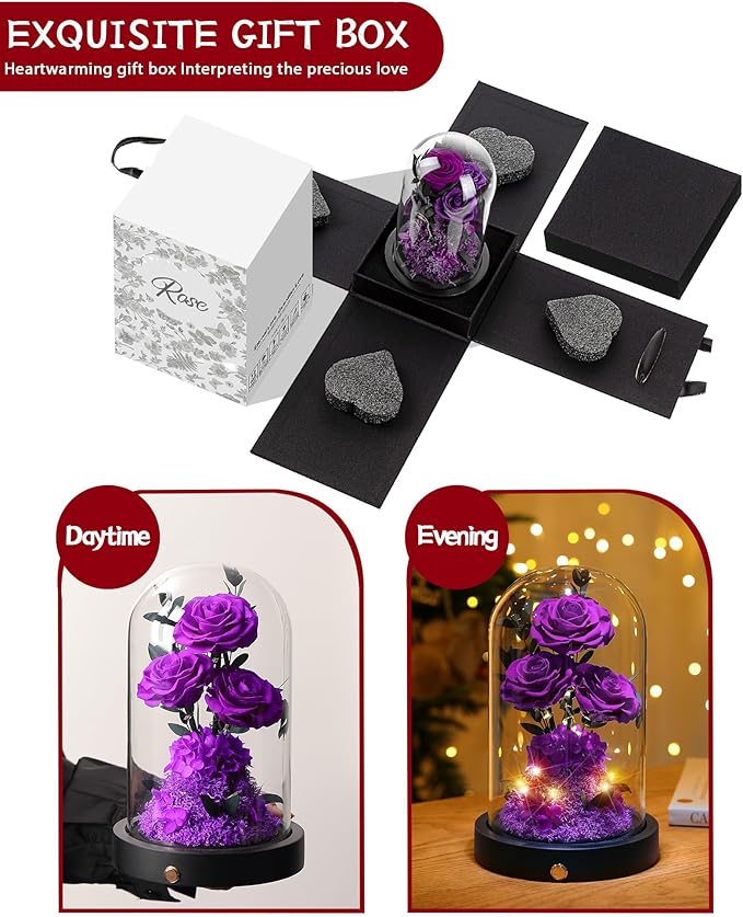 Valentines Day Flowers Roses Gifts for Her,Forever Real Preserved Roses in Glass Dome,Valentines Day Anniversary Birthday Gifts for Wife Girlfriend Women Mom Best Friend Her/Purple Rose