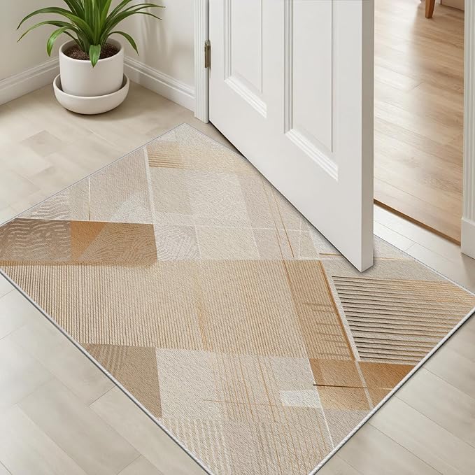 Minimalist Abstract Area Rug 4x6 Brown Boho, Modern Washable Stripe Art Rugs, Soft Non-Slip Low-Pile Carpet for Living Room, Bedroom, Kitchen, Dining Room, Pet Friendly, Non-Shedding, Beige