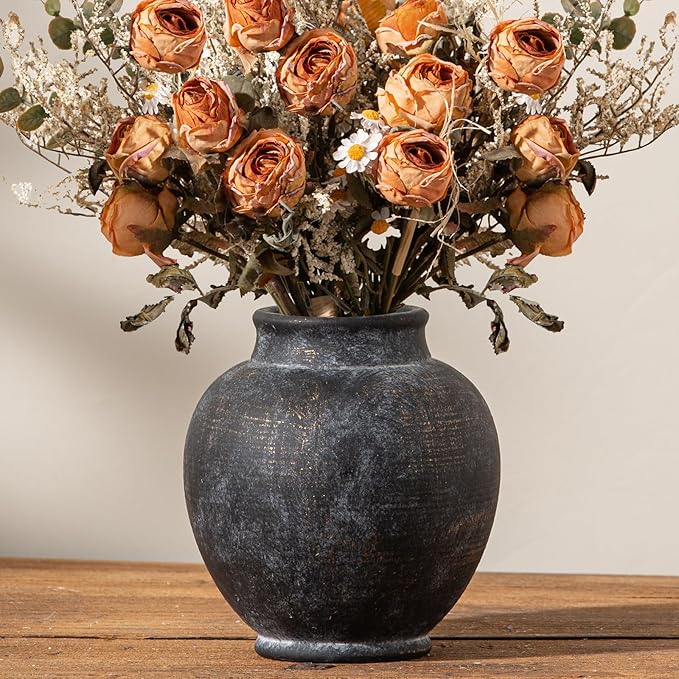 Ceramic Rustic Vase, 6 Inch Small Flower Farmhouse Vase Decorative Vase Short Pottery Vases for Home Decor Table Living Room Entryway Mantel Bookshelf Bedroom Bathroom Kitchen - Black