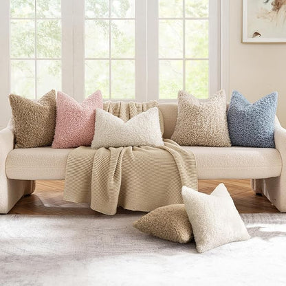 MIULEE Pack of 2 Faux Fur Throw Pillow Covers 18x18 Inch Neutral White Boucle Decorative Sherpa Pillow Covers Fuzzy Accent Soft Sheepskin Fleece for Boho Home Decor Sofa Living Room Couch Bed