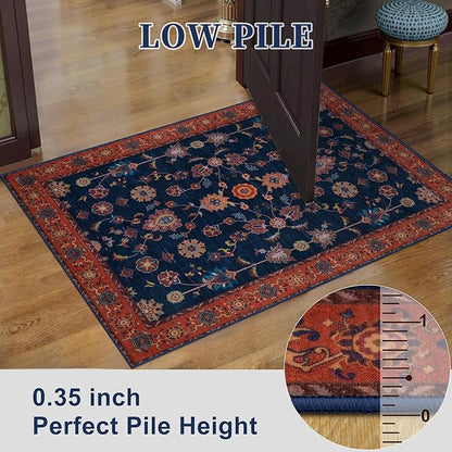 Tangsoo 8x10 Large Area Rug for Living Room,Non Slip Machine Washable Rug for Bedroom, Boho Distressed Vintage Red Blue Floral Rugs, Soft Low Pile Floor Carpet for Dining Room Office Kitchen Farmhouse