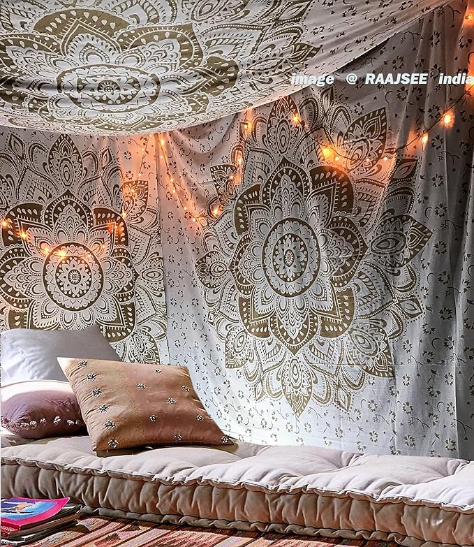 raajsee Metallic Gold Tapestry Mandala Wall Hanging- Bohemian Dorm Decor Hippie Queen Tapestries 82x92 inches-Boho Bedding Beach Throw Blanket White Golden bedspread meditation yoga mat throw