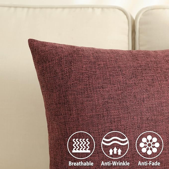 Stellhome Burlap Large Throw Pillow Covers Textured Farmhouse Linen Pillowcase for Bed Couch Sofa Bench Rustic Pillows Neutral Accent Cushion Cases Set of 2, 24 x 24 inch (60 x 60 cm), Burgundy