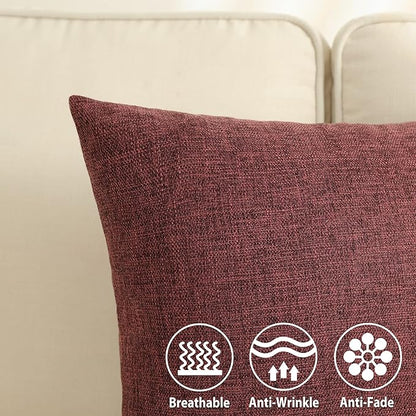 Stellhome Burlap Large Throw Pillow Covers Textured Farmhouse Linen Pillowcase for Bed Couch Sofa Bench Rustic Pillows Neutral Accent Cushion Cases Set of 2, 24 x 24 inch (60 x 60 cm), Burgundy