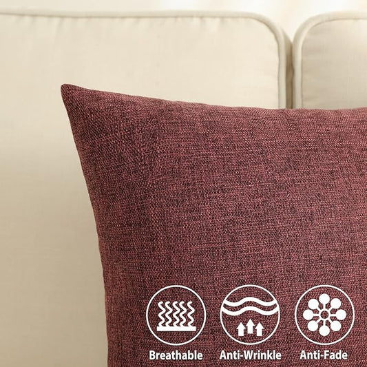 Stellhome Burlap Large Throw Pillow Covers Textured Farmhouse Linen Pillowcase for Bed Couch Sofa Bench Rustic Pillows Neutral Accent Cushion Cases Set of 2, 24 x 24 inch (60 x 60 cm), Burgundy