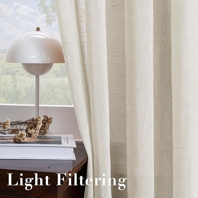 H.VERSAILTEX Linen Curtains Flax Linen Blended Curtain Panels for Living Room/Bedroom Semi Sheer Privacy Curtains 72 inch Length 2 Panels Set Nickel Grommet Window Drapes, Natural