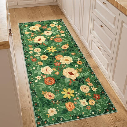 DUKINO 2x5 Runner Rug for Hallway, Washable Kitchen Floral Runner Rug with Non Slip Backing, Low Pile Soft Boho Carpet for Kitchen, Hallway, Entryway, Laundry, Bedroom, Dark Green