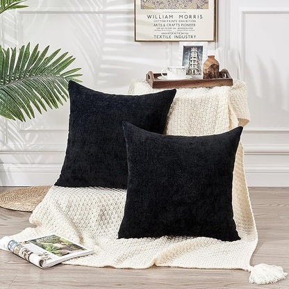 GAWAMAY Decorative Square Throw Pillow Covers 20"x20" Inch Set of 2, Super Soft Chenille Pillows Farmhouse Fall Pillowcase for Living Room Bedroom Sofa Couch Cushion Cover Black 50x50cm (No Insert)