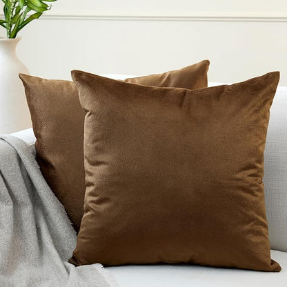 Encasa XO Velvet Throw Pillow Covers 20x20 in (50x50 cm) - Brown - Set of 2 No Inserts, Only Pack of 2 Cases | Soft Square Decorative Euro Shams Cushion Cover for Couch, Sofa