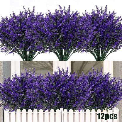 Artificial Plants Outdoor Artificial Lavender Flowers 12 Bundles Outdoor UV Resistant Fake Flowers No Fade Faux Plastic Plants Garden Porch Window Box Decorating,Spring Decorations for Home(Purple)