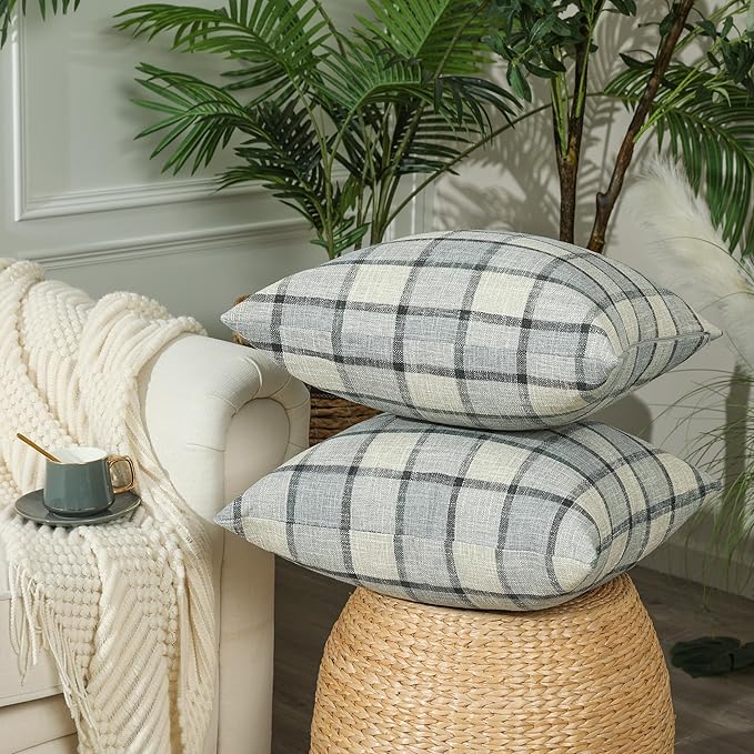 Stellhome Pack of 2 Linen Buffalo Check Throw Pillow Covers Farmhouse Plaid Cushion Cover Rustic Retro Decor for Bed Couch Sofa Bench, 16 x 16 Inch, Light Grey