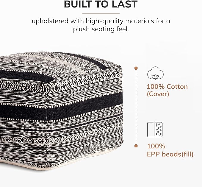 Anji Mountain 100% Handmade & Handcrafted Comfortable Home Décor Pouf Ottoman Footrest for Living Room, Bedroom, Nursery, Kidsroom, Patio Furniture - (22" x 22" x 16"- Black,Ivory)