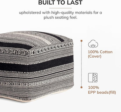 Anji Mountain 100% Handmade & Handcrafted Comfortable Home Décor Pouf Ottoman Footrest for Living Room, Bedroom, Nursery, Kidsroom, Patio Furniture - (22" x 22" x 16"- Black,Ivory)