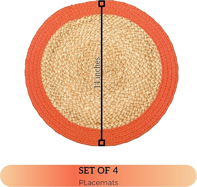 Chardin home Round Verona Woven Jute & Cotton Braided PLACEMAT (Set of 4), Size -14 inch, Round, Color - Natural Jute with Rust Orange Border