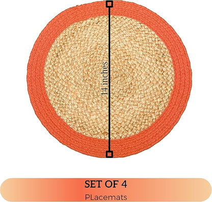 Chardin home Round Verona Woven Jute & Cotton Braided PLACEMAT (Set of 4), Size -14 inch, Round, Color - Natural Jute with Rust Orange Border