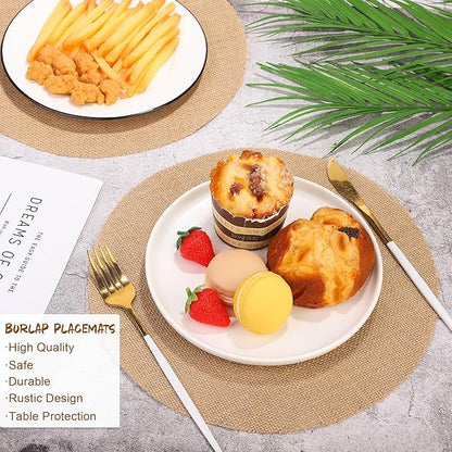 Aneco 50 Pieces Round Burlap Placemats 11.8 Inch Reusable Brown Table Mats Heat Resistant Natural Jute Fibers Placemats Burlap Circle Rustic Table Decorations for Dinner Holiday Farmhouse Decor