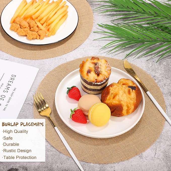 Aneco 100 Pieces Round Burlap Placemats 11.8 Inch Reusable Brown Table Mats Heat Resistant Natural Jute Fibers Placemats Burlap Circle Rustic Table Decorations for Dinner Holiday Farmhouse Decor