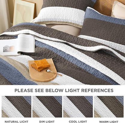 Litanika Quilt Queen Size BluC, Stripe Patchwork Summer Bedspread Coverlet 3 Pieces, Soft Lightweight Microfiber Quilted Bedding Set for All Season(1 Quilt, 2 Pillowcases)