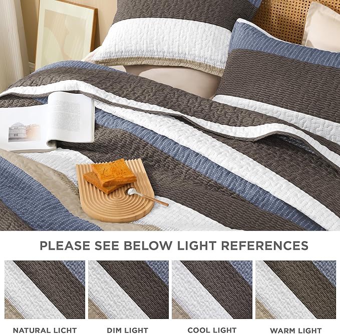 Litanika Quilt King Size BluC, Stripe Patchwork Summer Bedspread Coverlet 3 Pieces, Soft Lightweight Microfiber Quilted Bedding Set for All Season(1 Quilt, 2 Pillowcases)