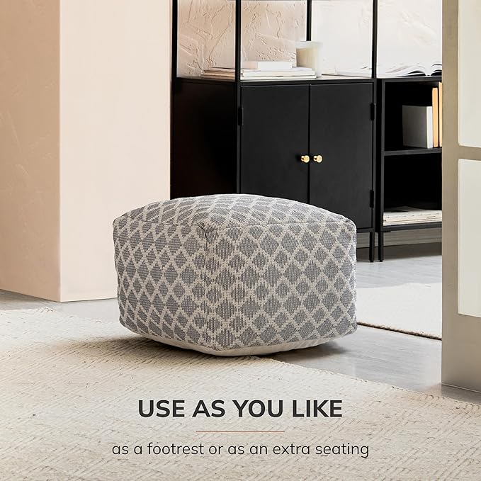 Anji Mountain 100% Handmade & Handcrafted Comfortable Home Décor Pouf Ottoman Footrest for Living Room, Bedroom, Nursery, Kidsroom, Patio Furniture - (22" x 22" x 16"- Gray,Ivory)
