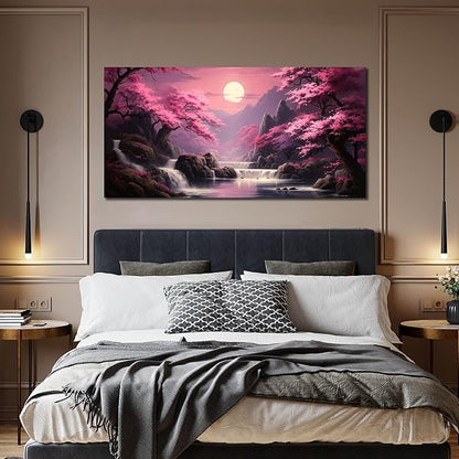 Landscape Wall Art for Living Room Bedroom Office Pink Wall Art Moon Lake Mountain Pictures Modern Artwork Framed Wall Decor Canvas Prints 29x59 In