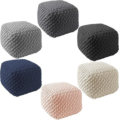 Casafield Square Pouf Ottoman, Natural - 18.5" W x 18.5" D x 14.5" H Cotton Knit Foot Stool - Boho Floor Pouffe for Living Room, Bedroom, Home Office