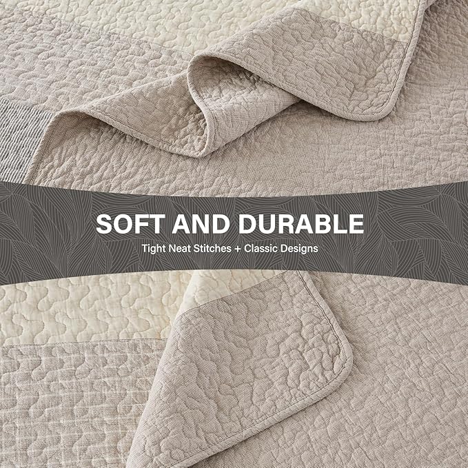 SahSahCasa 100% Cotton 128"x120" Oversized King Quilt Bedspread - California King Quilted Extra Large Comforter Lightweight Bedding Set, Cal King XL Striped Bed Spread, Light Taupe/Light Ivory/Gray