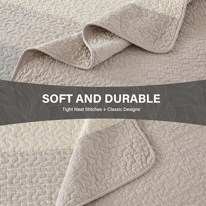 SahSahCasa 100% Cotton 128"x120" Oversized King Quilt Bedspread - California King Quilted Extra Large Comforter Lightweight Bedding Set, Cal King XL Striped Bed Spread, Light Taupe/Light Ivory/Gray
