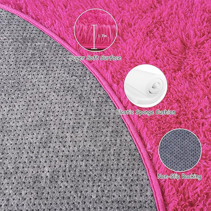 Round Fluffy Rugs 6Ft for Girls Bedroom, Hot Pink Shag Circle Kids Rug Non-Slip for Bedside Dorm Nursery Playroom, Soft Cute Area Rugs for Living Room Decor