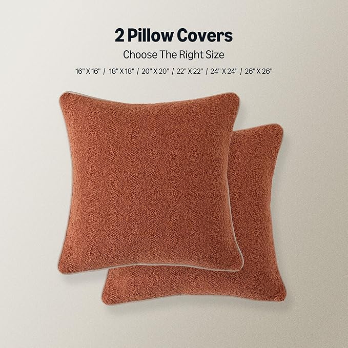 Amazon Basics Boucle Throw Pillow Covers for Couch, Living Room, Home Decor with Hidden Zipper, Brown, 26×26in, Pack of 2