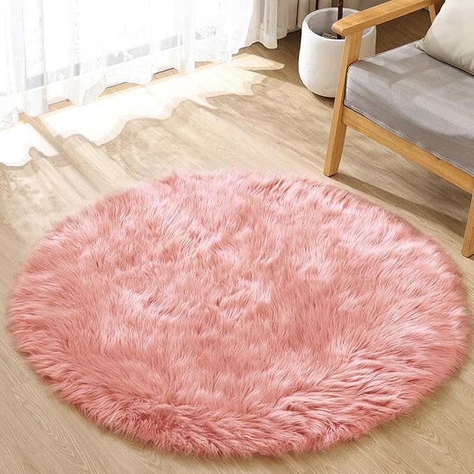 Round Rug 3ft Pink Small Fluffy Rug for Living Room Washable Shaggy Area Rugs for Bedroom Cute Room Circle Nursery Rug