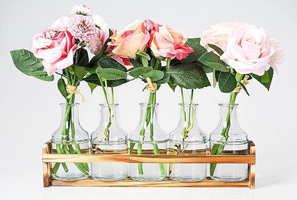 Le'raze Glass Flower Vase with Wooden Holder, Set of 6 Rectangular Bud Vases for Home Decor, Wedding, Mother's Day, Clear Glass, Metal Stand
